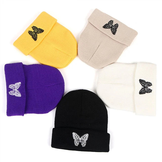 Butterfly Embroidery Beanie Hat New Unisex Winter Hats Women Men Solid Autumn Beanies