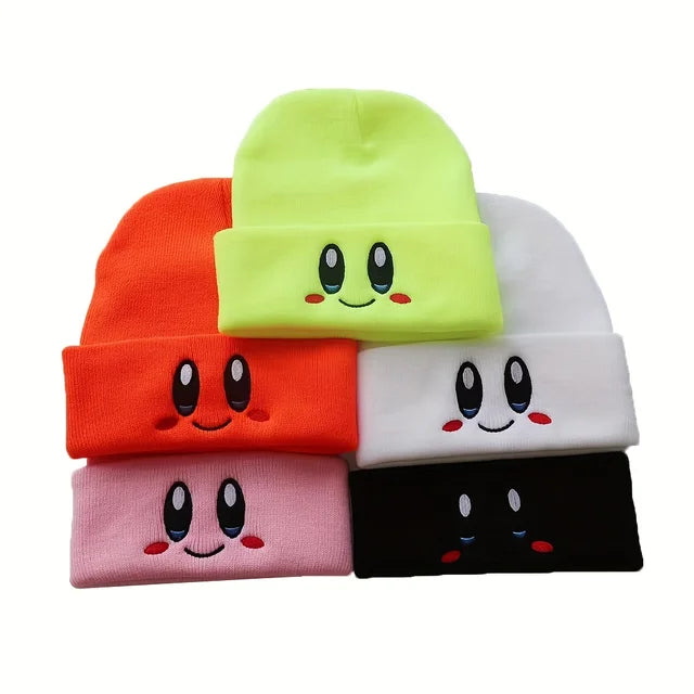 Cartoons Pink Kirby Knitted Hat Eye Embroidery Elasticity Beanie Winter Keep Warm Lovely Face Unisex Beanies